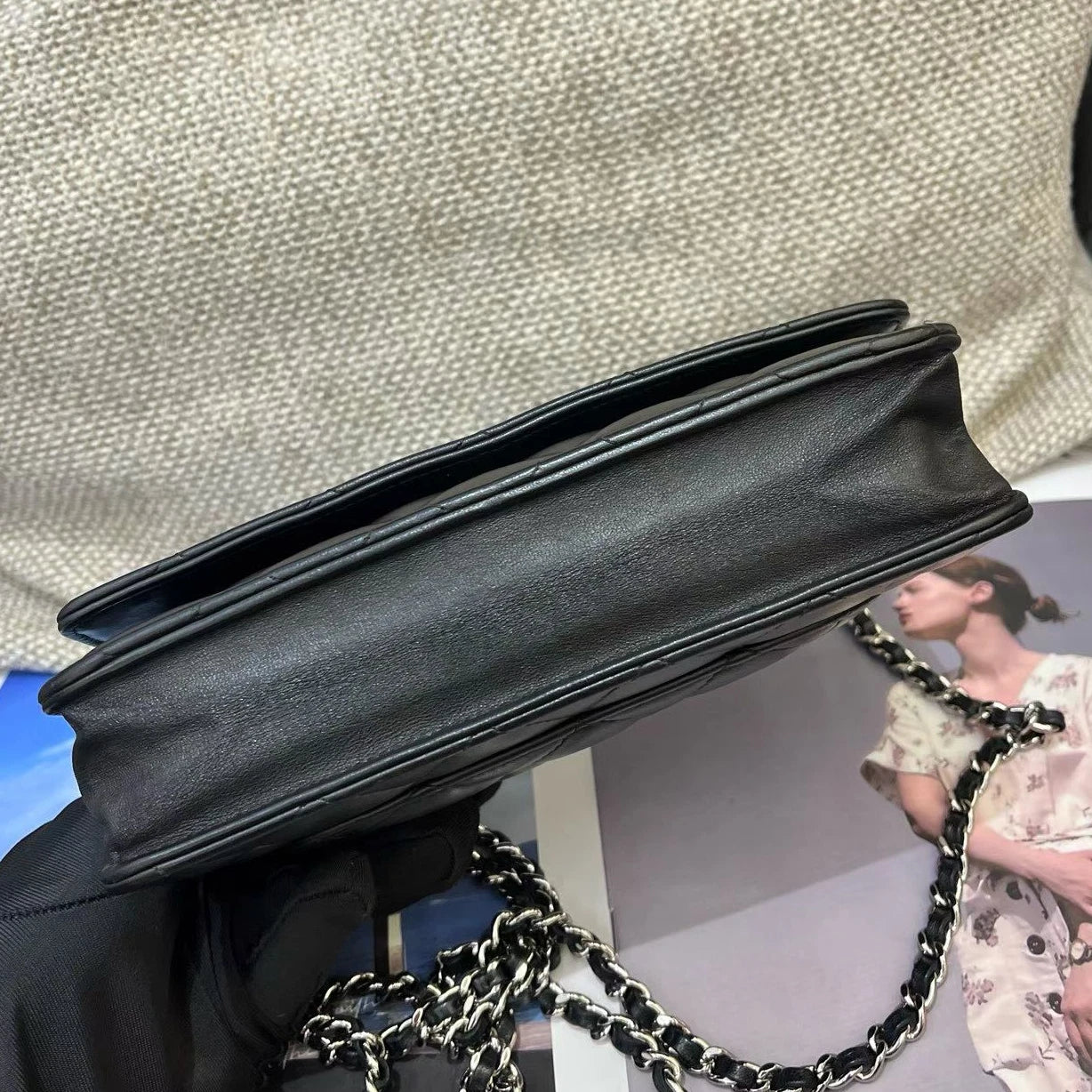Chanel WOC Lambskin Chain Shoulder Bag Crossbody Diamond Black Silver Women