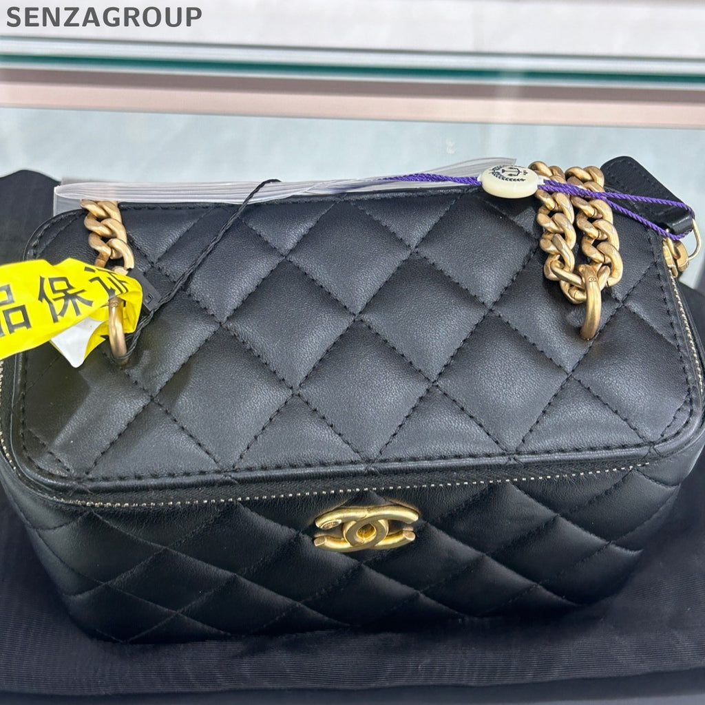 Chanel Classic Black Gold Quilted Square Flap Bag Chain Shoulder Crossbody
