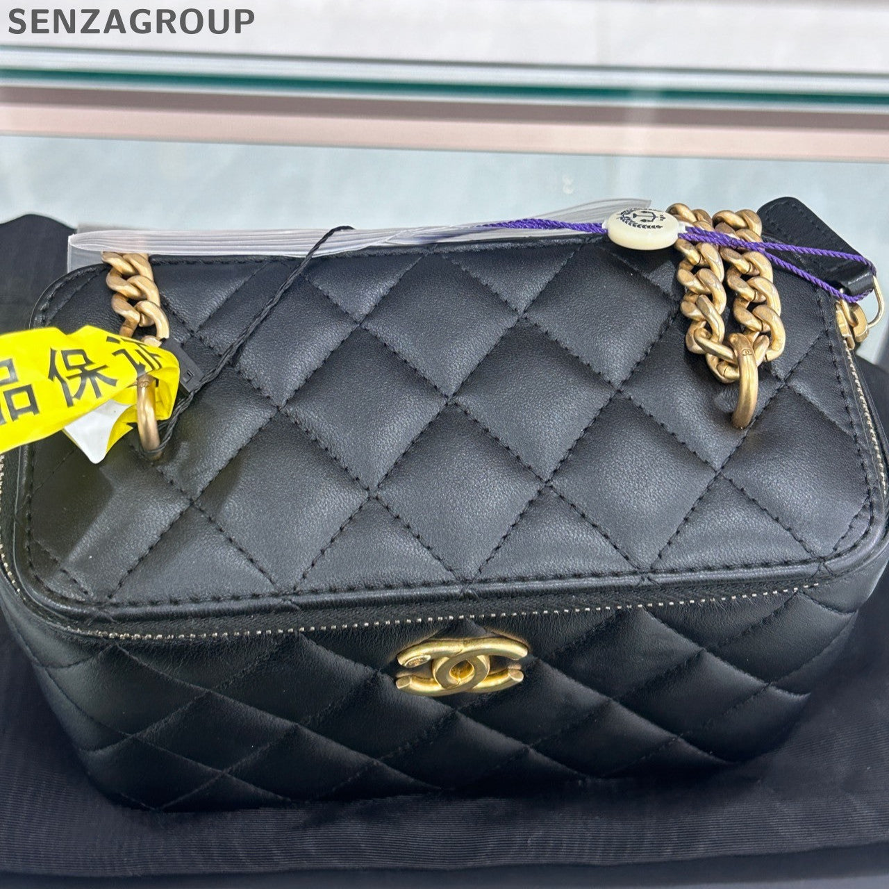 Chanel Classic Black Gold Quilted Square Flap Bag Chain Shoulder Crossbody