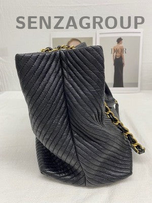 Chanel Black Gold V-Pattern Calfskin Tote Bag with Chain Strap for Women