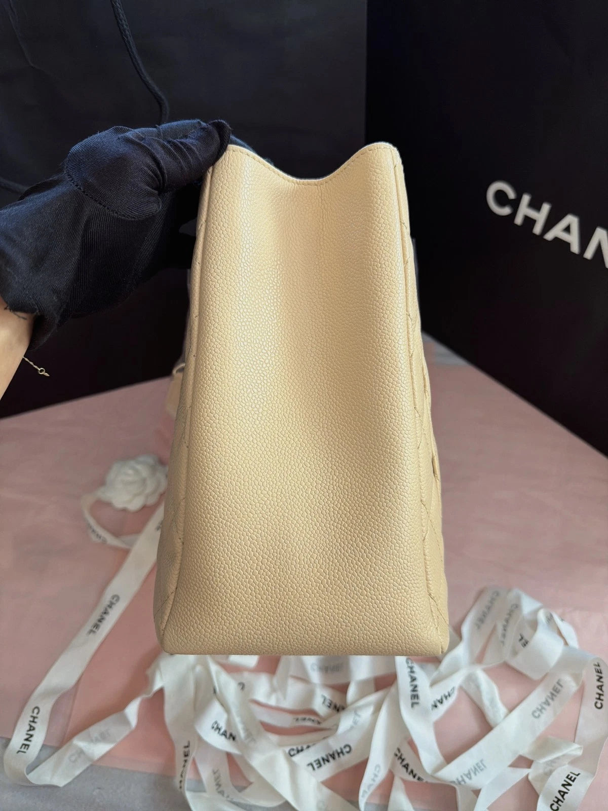Chanel GST Diamond Chain Shoulder Bag Beige Silver Used Women Classic