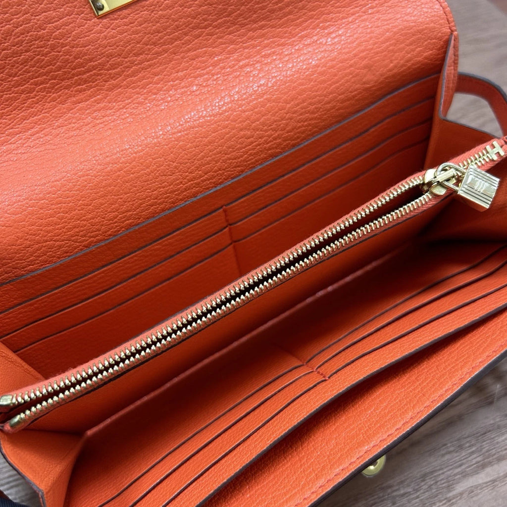 Authentic Hermes Kelly Long Wallet Goatskin Orange Gold Hardware