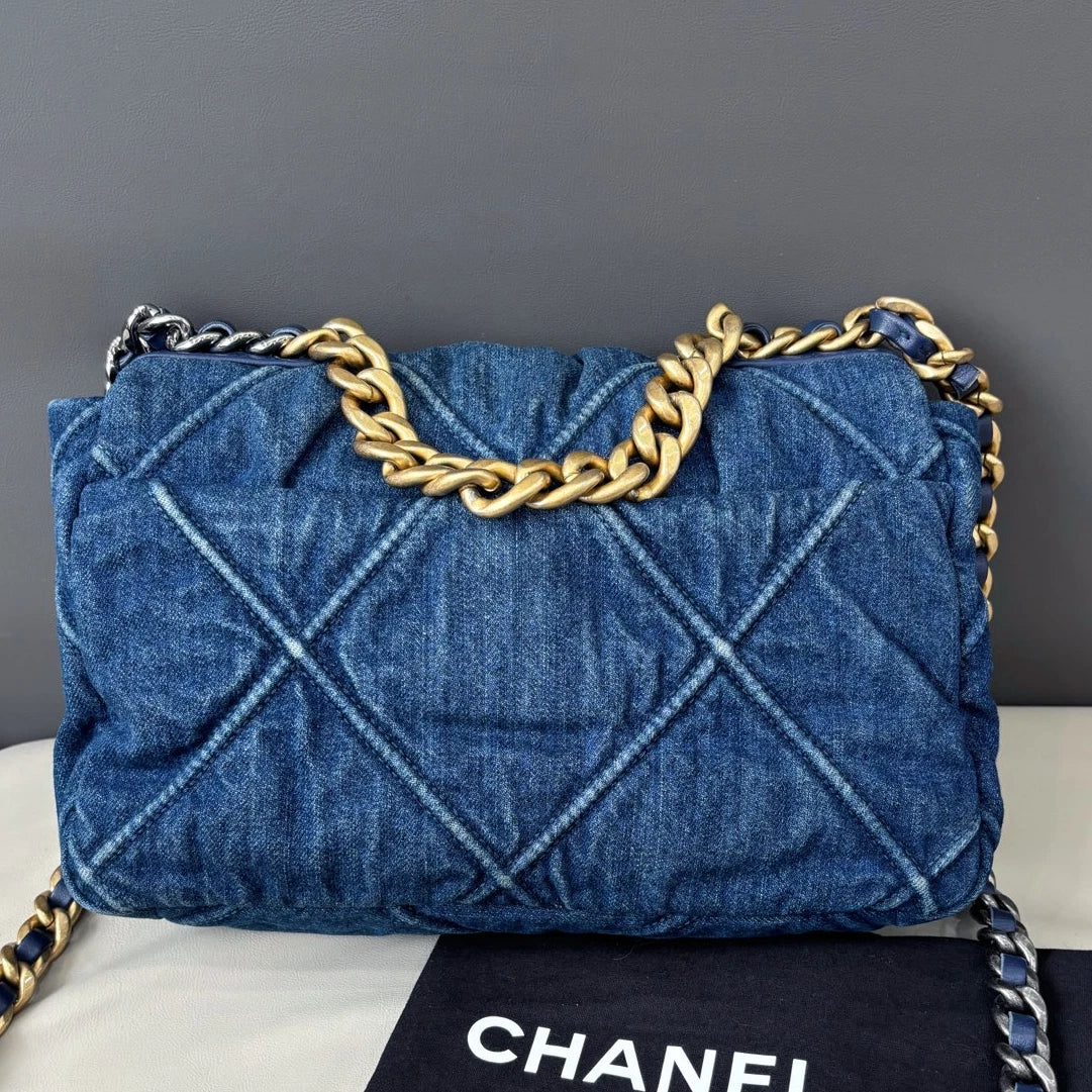Chanel 19 Small Denim Flap Crossbody Bag Everyday Shoulder Bag Deep Blue Gold