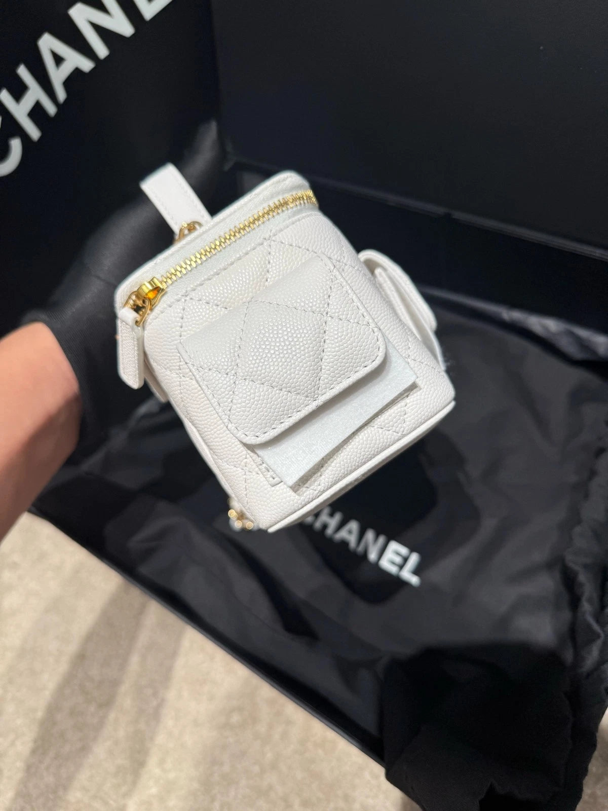 CHANEL 23 Chip Cargo Shoulder Bag White Gold Leather For Women