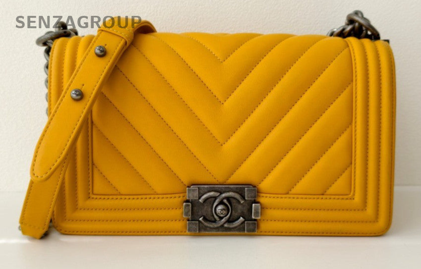 Chanel Leboy MM Lambskin Chain Shoulder Bag Yellow Silver Used Women Classic