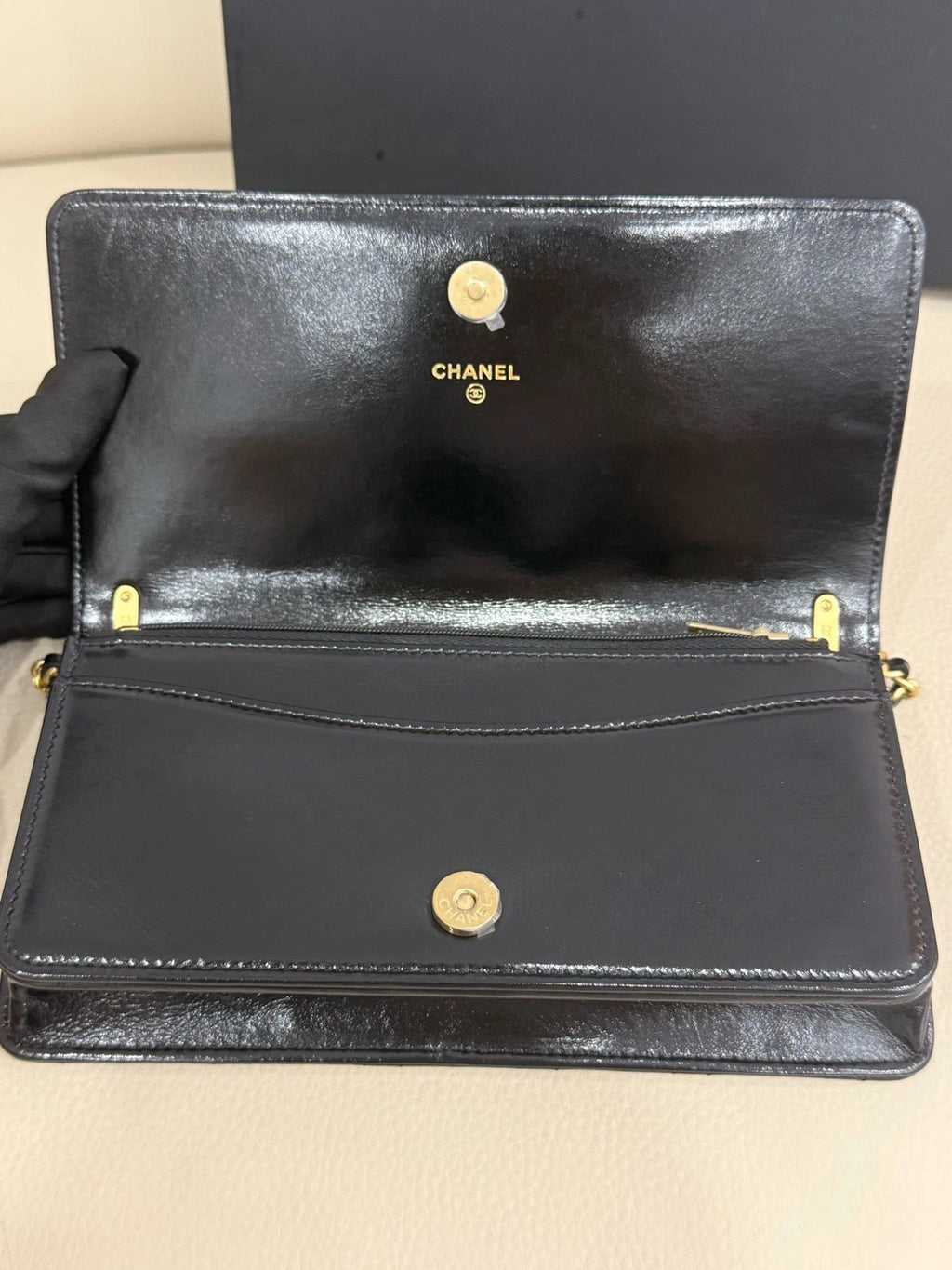 New CHANEL Black Quilted Waxed Leather Twist Chain WOC Crossbody Bag For Women
