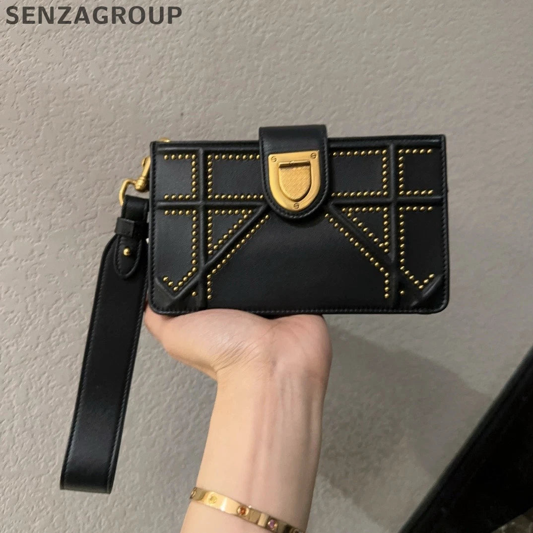 Dior Diorama Mini Black Gold Rivet Shield Crossbody Handbag For Women
