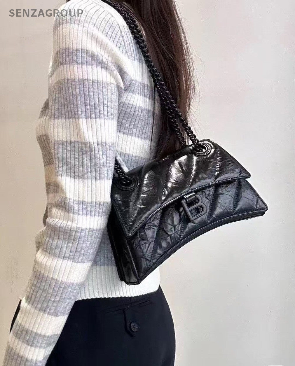 Balenciaga Crush So Black Hourglass Crossbody Shoulder Bag Women Black
