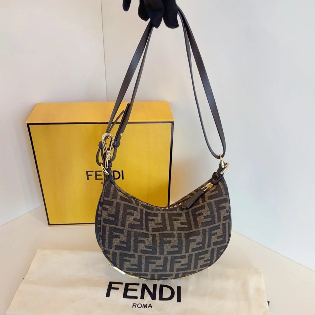 Excellent Fendi Fendigraphy Brown FF Monogram Canvas Handbag Detachable Strap