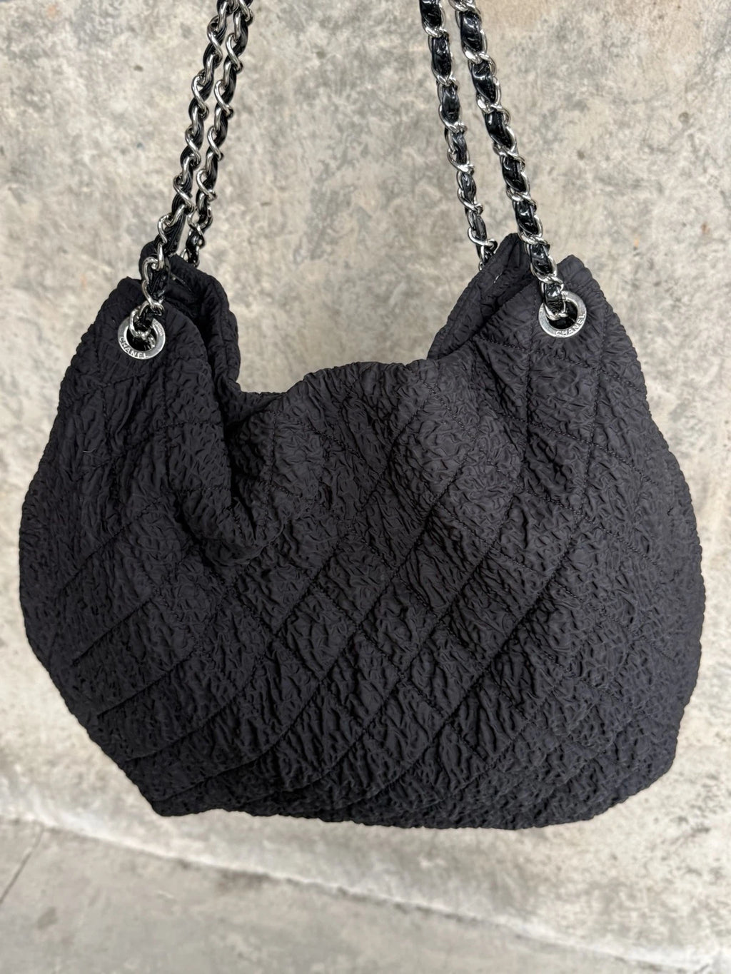 Chanel XXL Ruched Tote Bag Large Shoulder Bag Daily Carry Black Silver