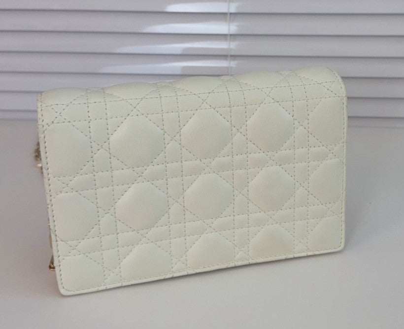 Christian Dior Woc Lambskin Wicker check pattern Chain Shoulder bag White Gold