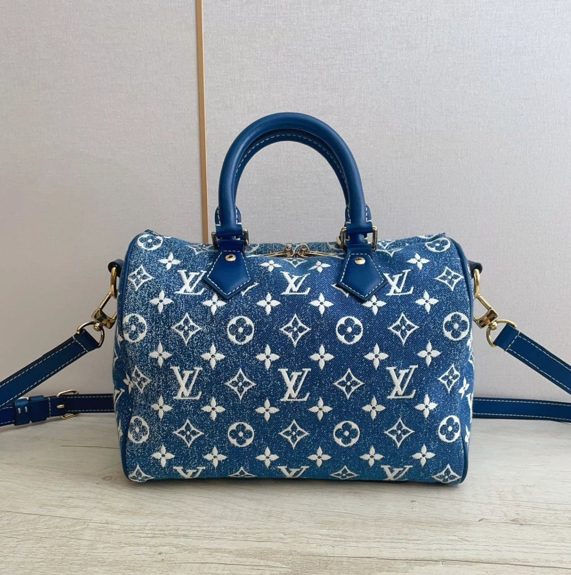Louis Vuitton Speedy25 Denim Monogram Tote Top Handle Bag Shoulder Women