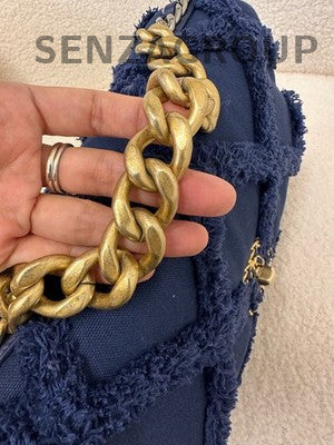Chanel 19 Bag Maxi Fringe Chain Shoulder Bag Blue Gold Women's