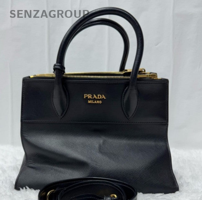 Prada Galleria PM Top Handle Bag Crossbody Black Gold Women Classic