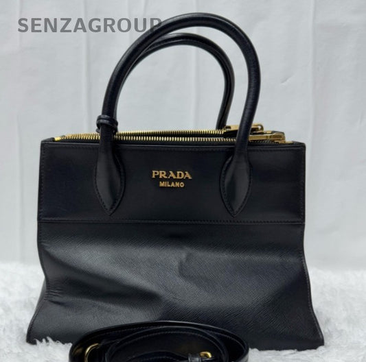 Prada Galleria PM Top Handle Bag Crossbody Black Gold Women Classic