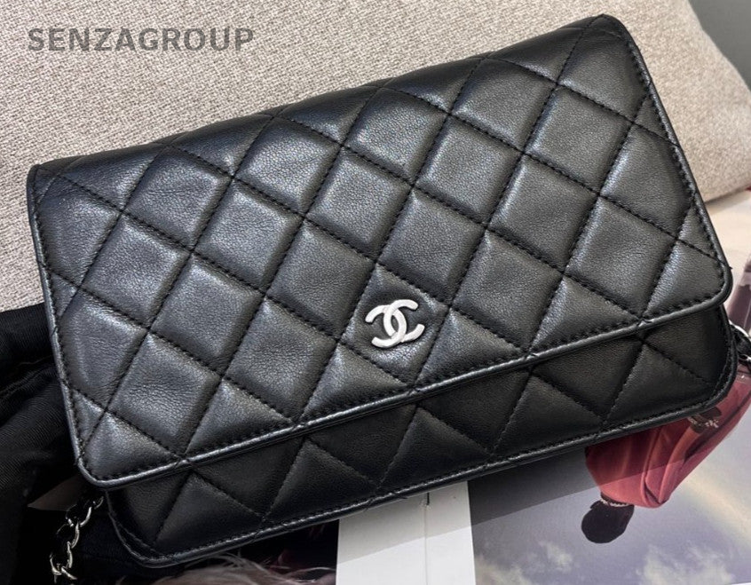 Chanel WOC Chain Lambskin Shoulder Bag Crossbody Black Silver Classic Diamond
