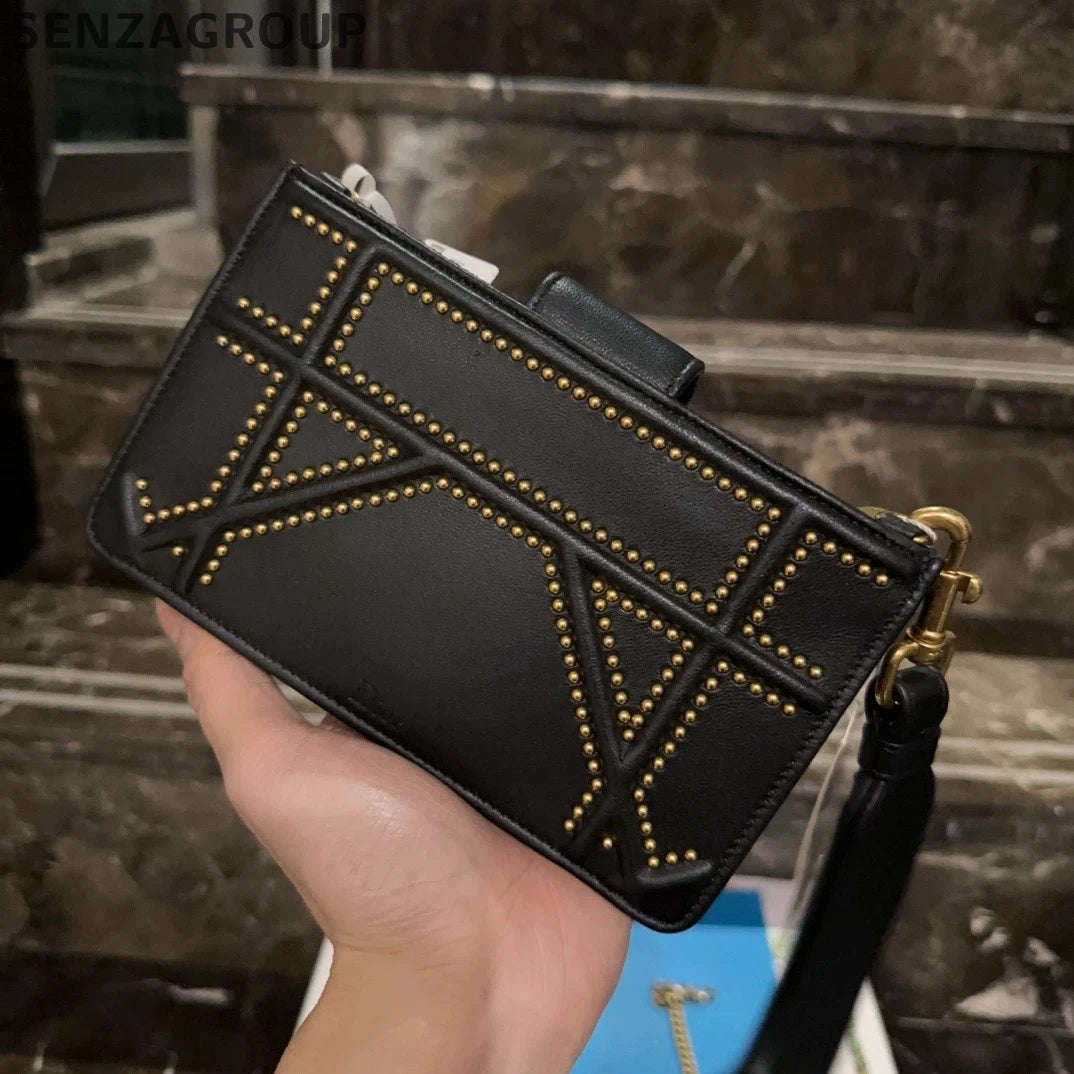 Dior Diorama Mini Black Gold Rivet Shield Crossbody Handbag For Women