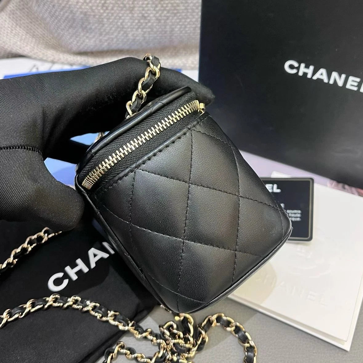 Chanel Lambskin Mini Vanity Case Chain Crossbody Black Gold Diamond Women
