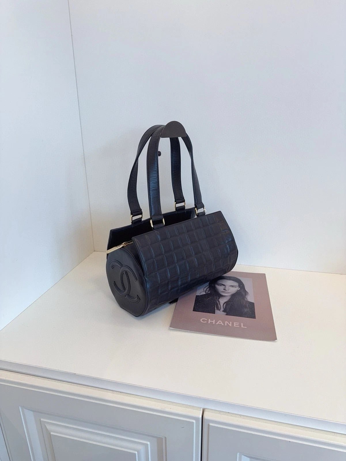 CHANEL Black Gold Leather Cylinder Barrel Shoulder Bag For Women