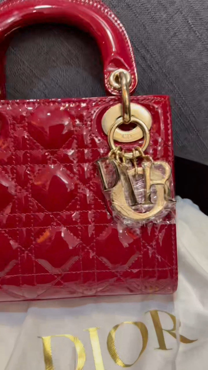 Christian Dior Lady Top Handle Chain Shoulder Handbag Red Gold Almost Brand NEW