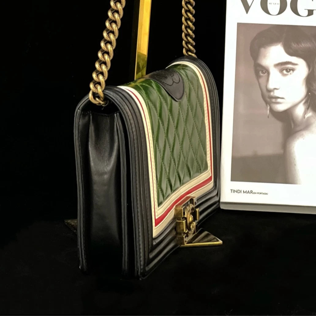 Chanel Leboy Chain Shoulder Bag Crossbody Green Black Gold Women Classic