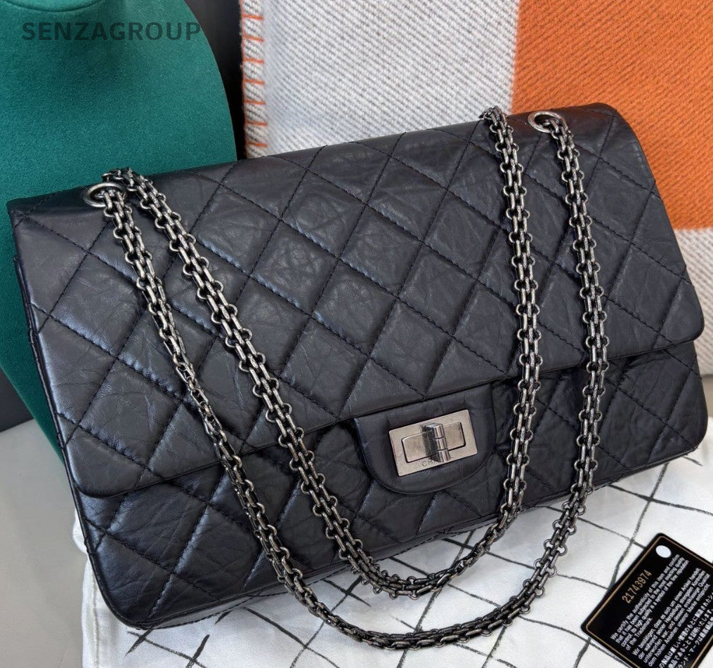 Chanel 2.55 GM Chain Shoulder Bag Black Silver Women Classic Diamond
