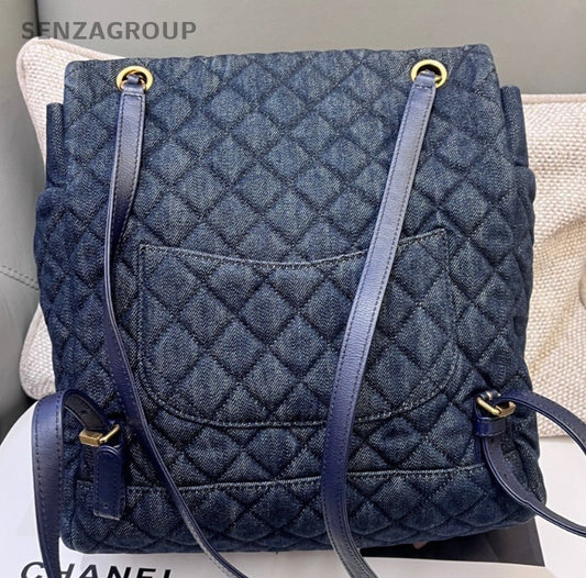 Chanel Denim Salzburg Backpack Blue Gold Women Classic Fashion Diamond