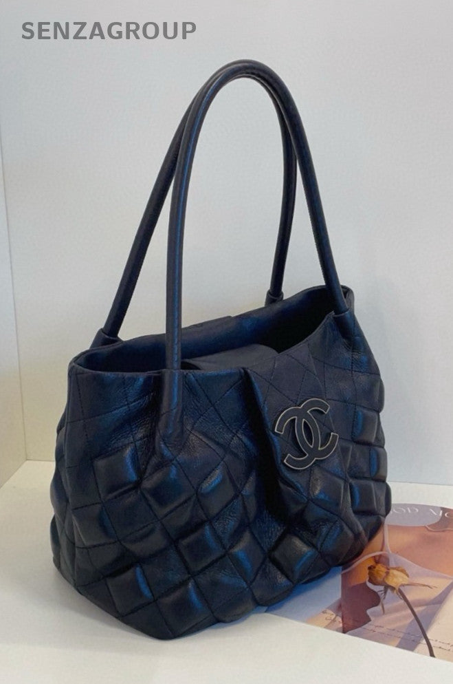 CHANEL Puffer CC Logo Top Handle Handbag Black Silver Women Shoulde bag