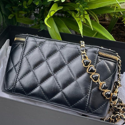 Chanel 24P Black Gold Heart Chain Long Box Makeup Bag Crossbody