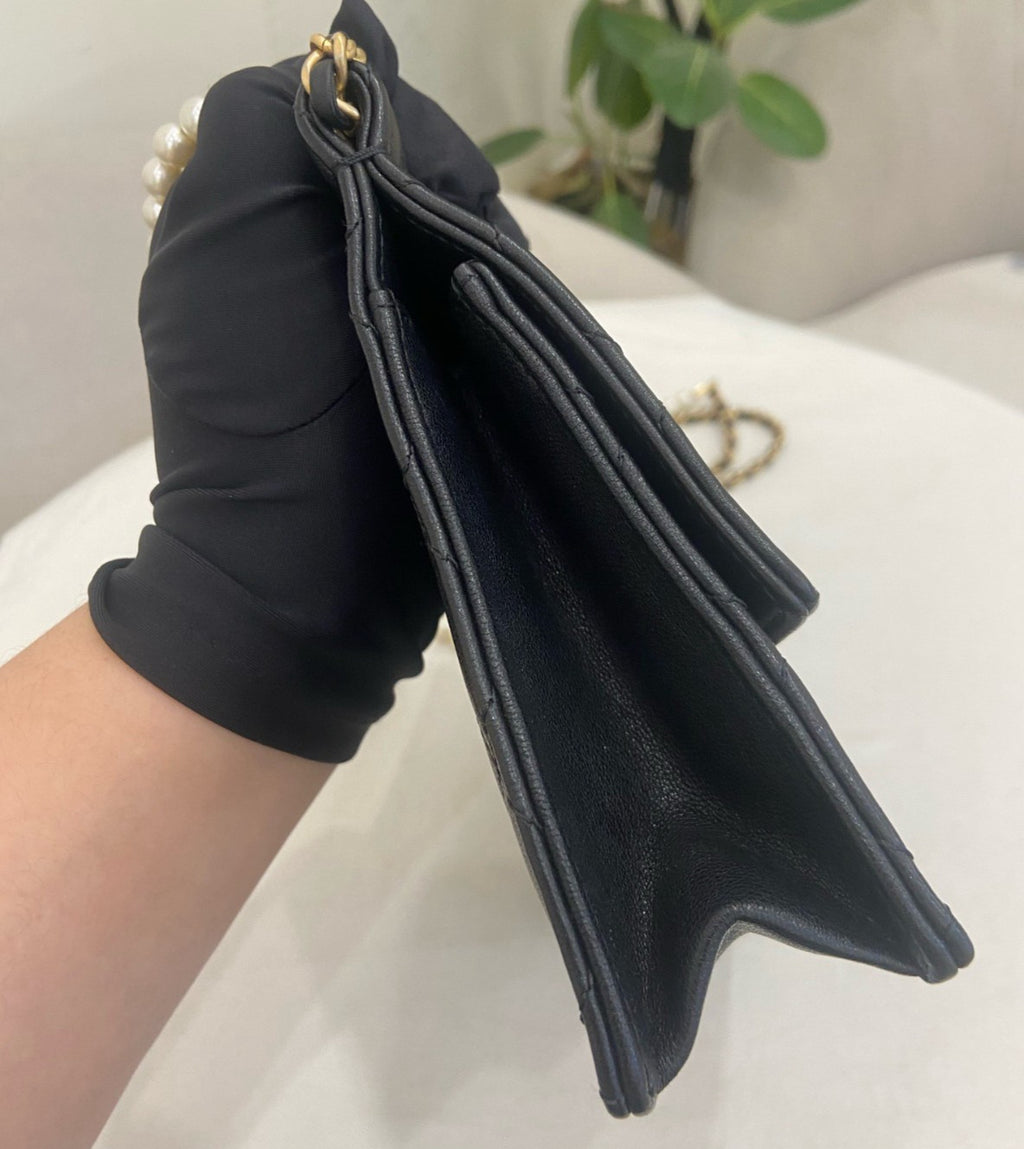 Chanel Classic Flap PM Lambskin Pearl Chain Shoulder Bag Black Gold Women