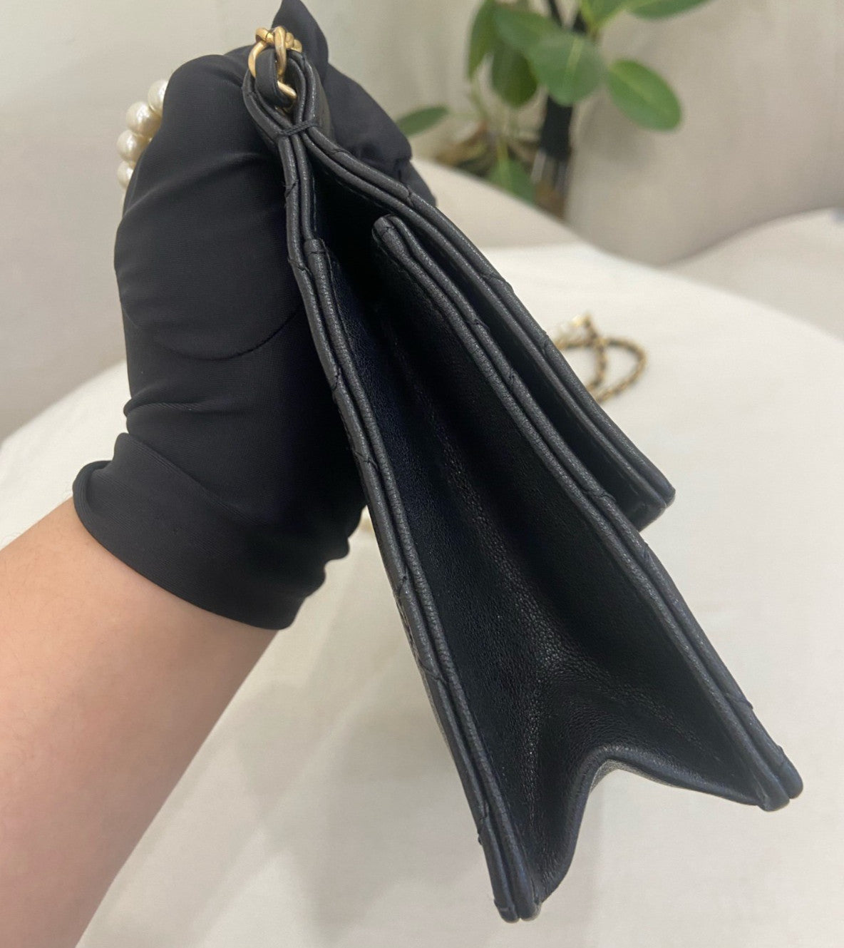 Chanel Classic Flap PM Lambskin Pearl Chain Shoulder Bag Black Gold Women
