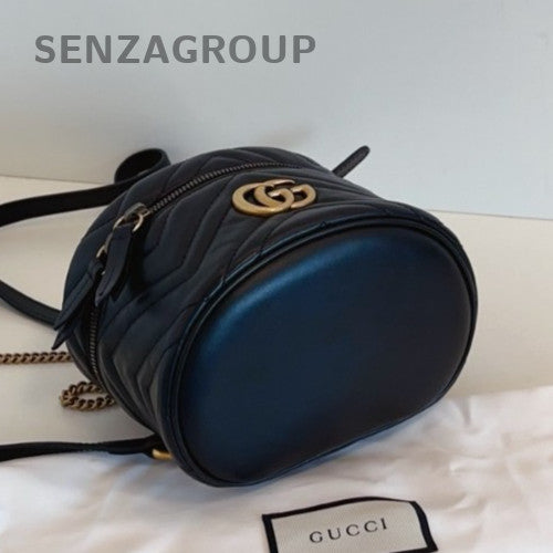 Gucci Marmont Chain Cylinder Bag Backpack Black Gold Women Classic Fashion