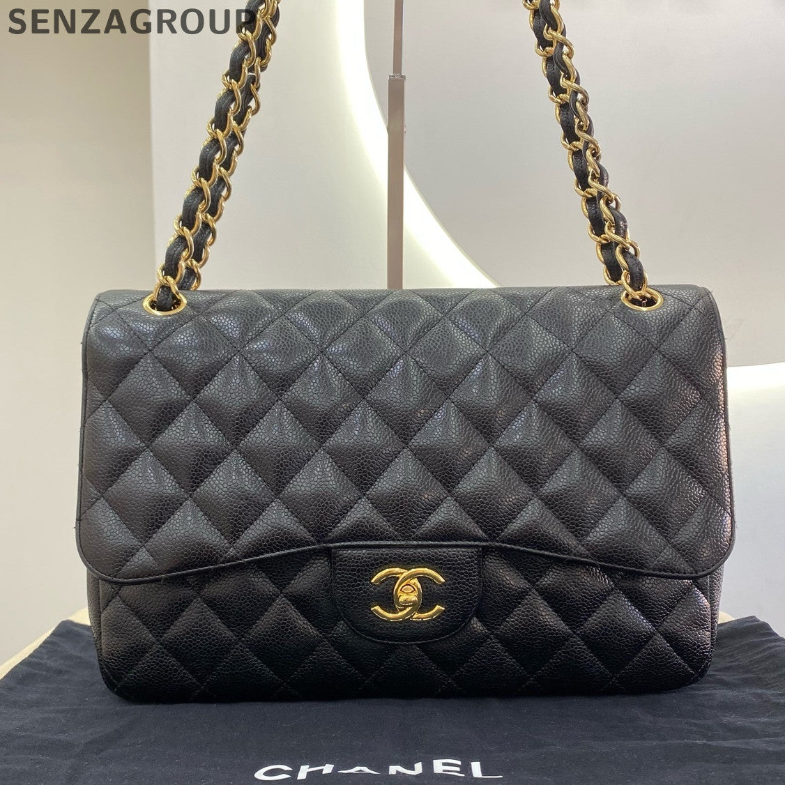 Chanel Classic Flap Black Gold Jumbo Chain Shoulder Bag Quilted