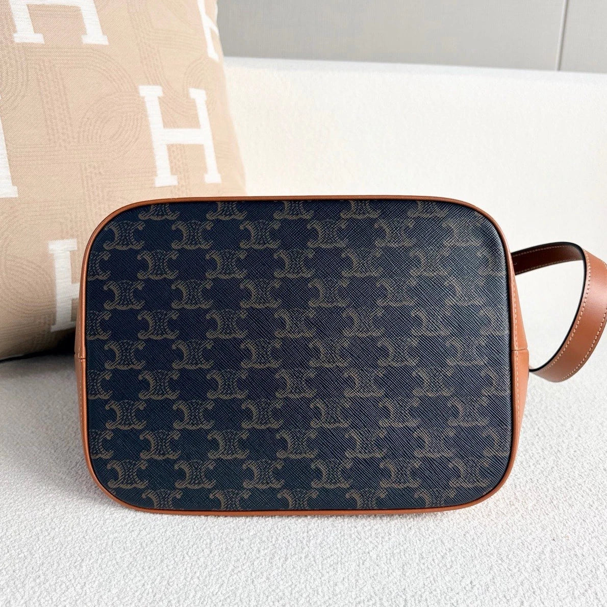 Celine Triomphe MM Bucket Shoulder Bag Black Brown Gold Women Classic