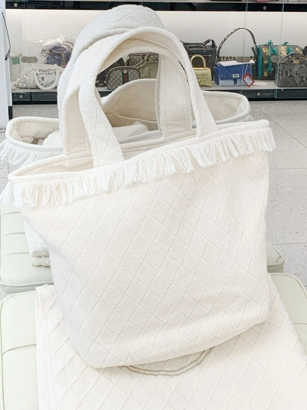Chanel Coco Beach Tote Top Handle Shoulder Bag White Women Classic S