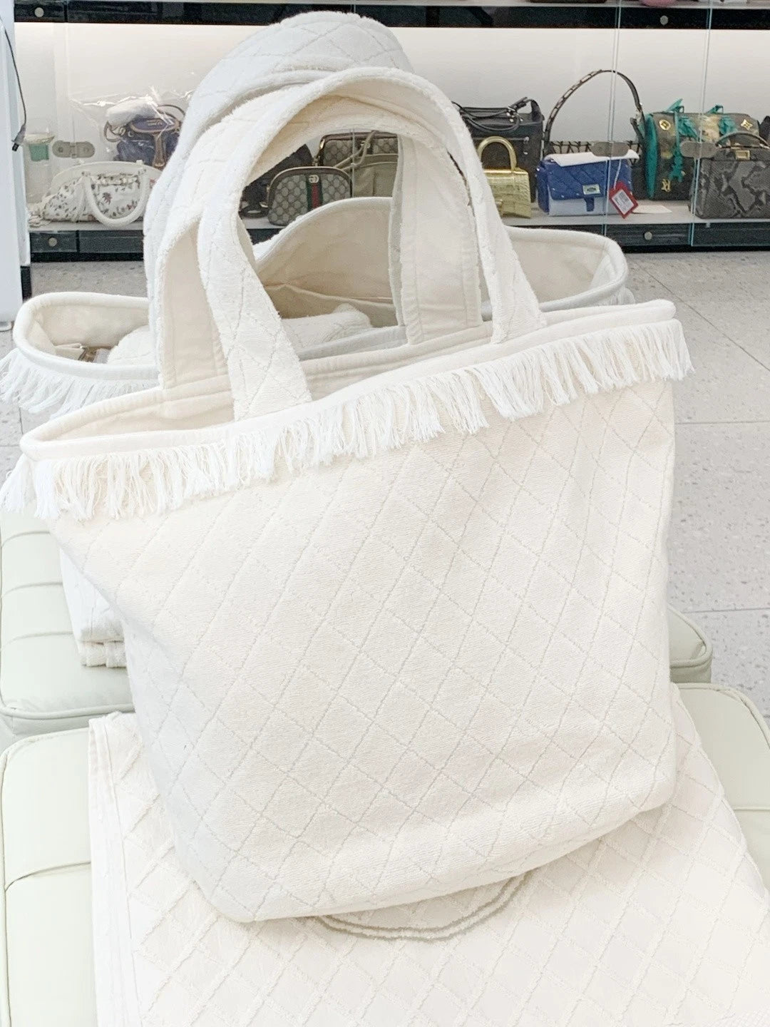 Chanel Coco Beach Tote Top Handle Shoulder Bag White Women Classic S