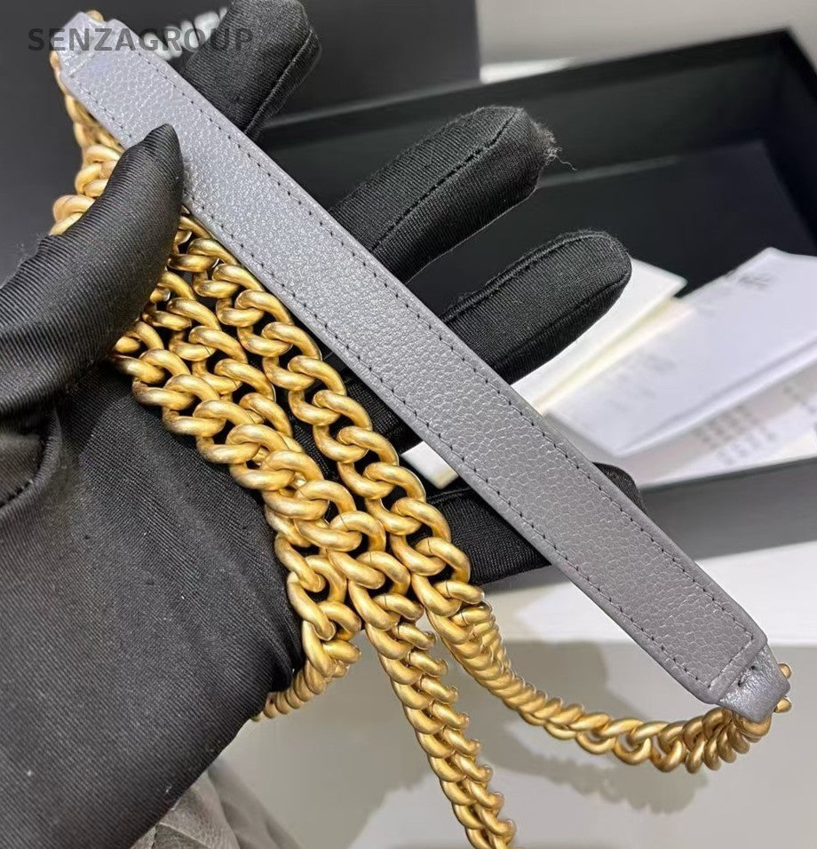 Chanel Leboy WOC Chain Shoulder Bag Gray Gold Used Women Classic Diamond