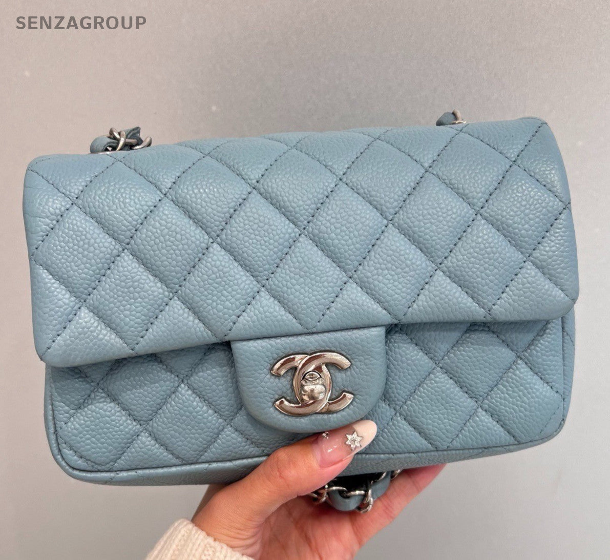 Chanel Classic Flap Mini Calfskin Chain Shoulder Bag Crossbody Blue Silver Women