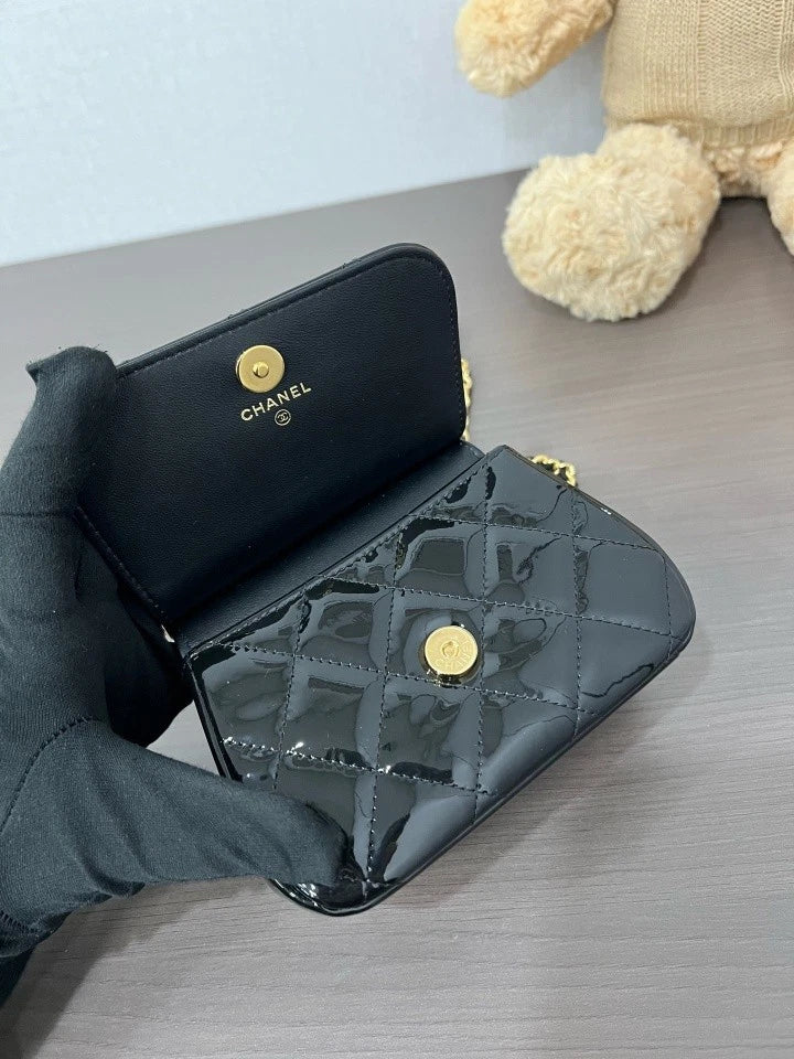 CHANEL Black Gold Patent Leather Mini Crossbody Bag For Women