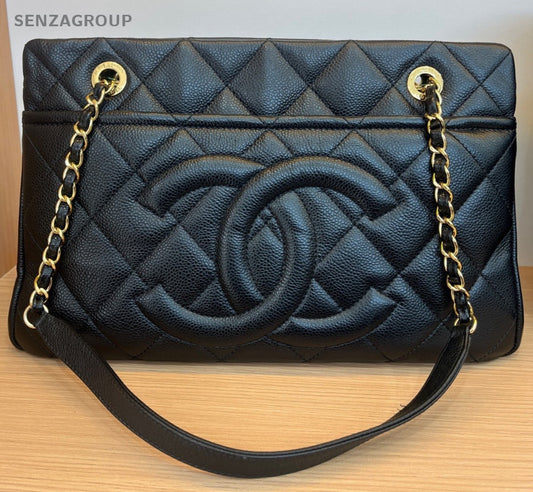 Chanel Calfskin Tote Chain Shoulder Bag Black Gold Diamond Women CC Logo Classic