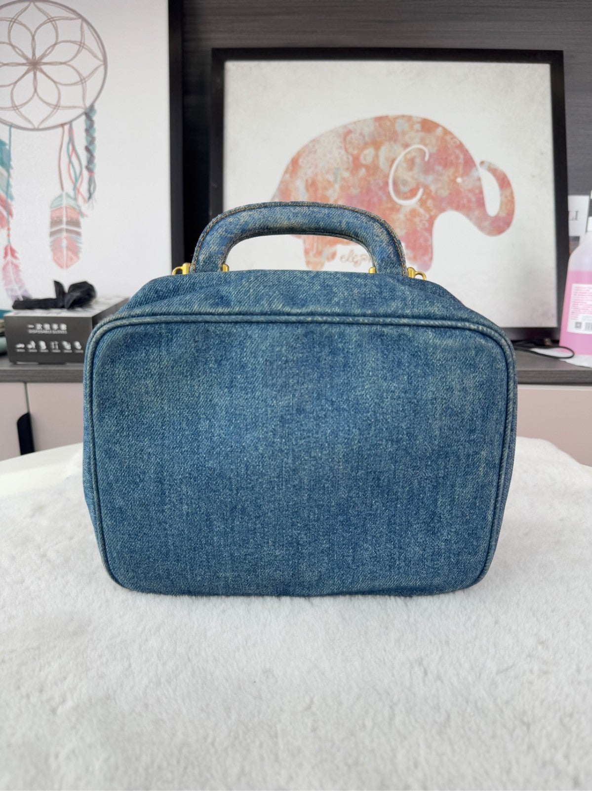 CHANEL Top Handle Make up case Denim Handbag Blue