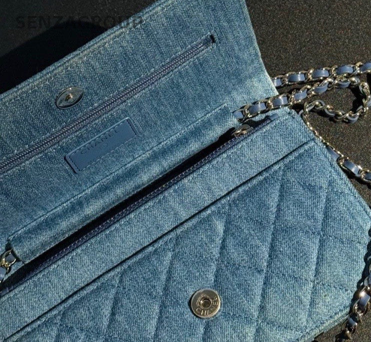 Chanel WOC Chain Shoulder Bag Crossbody Blue Silver Used Women Classic