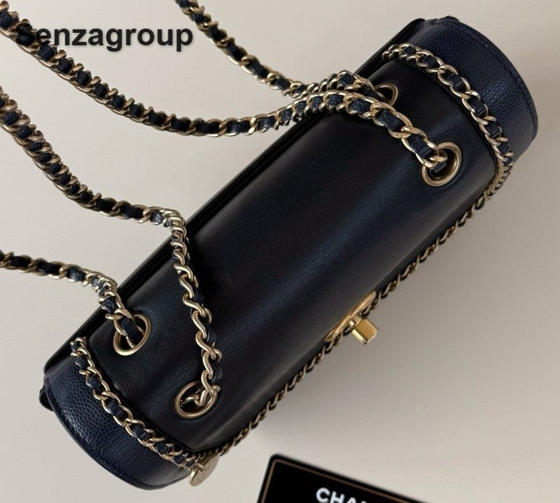 Chanel Around Flap Chain Shoulder Bag Black Gold Used Women Classic Designer