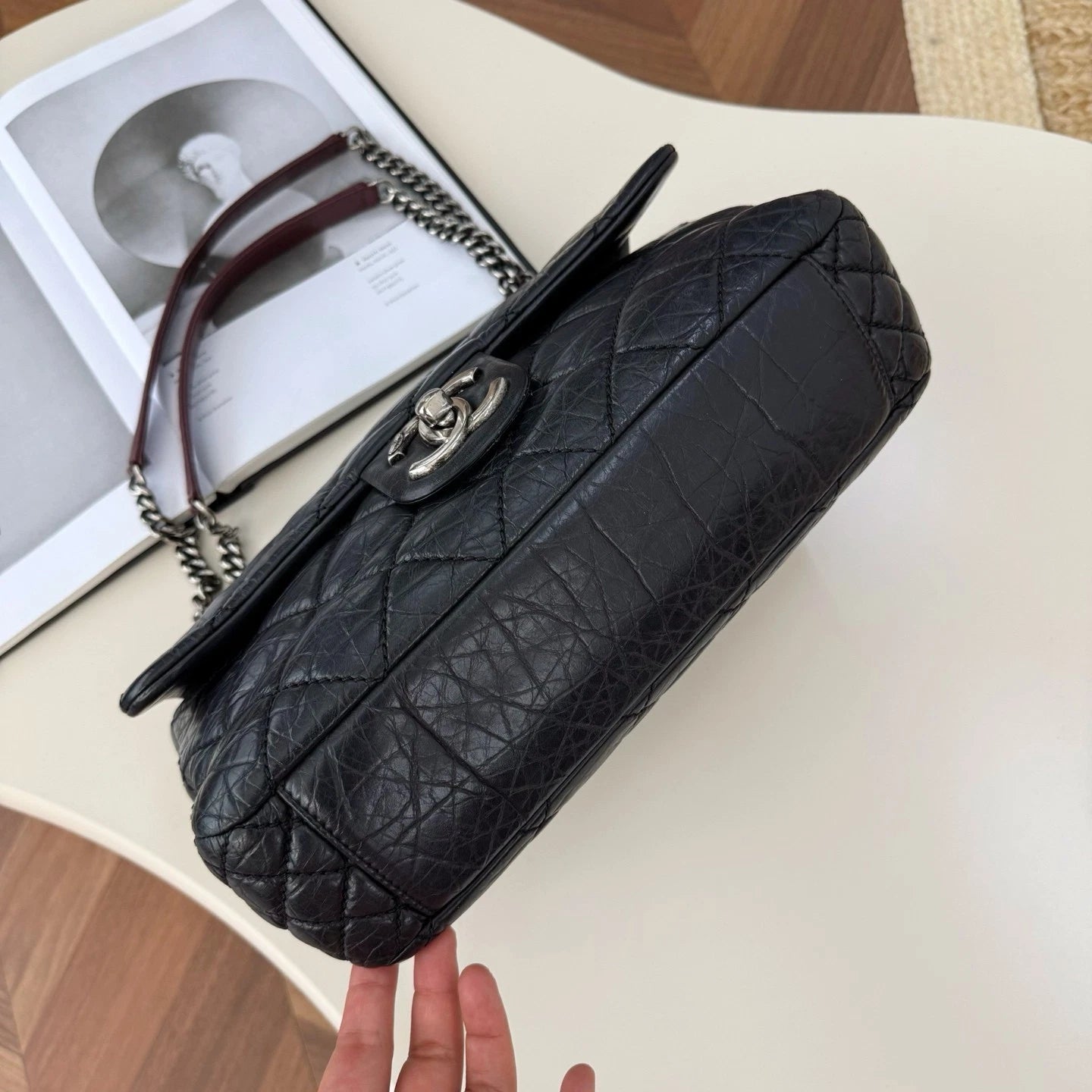 Chanel Classic Flap Diamond Calfskin Chain Shoulder Bag Black Silver Used Women