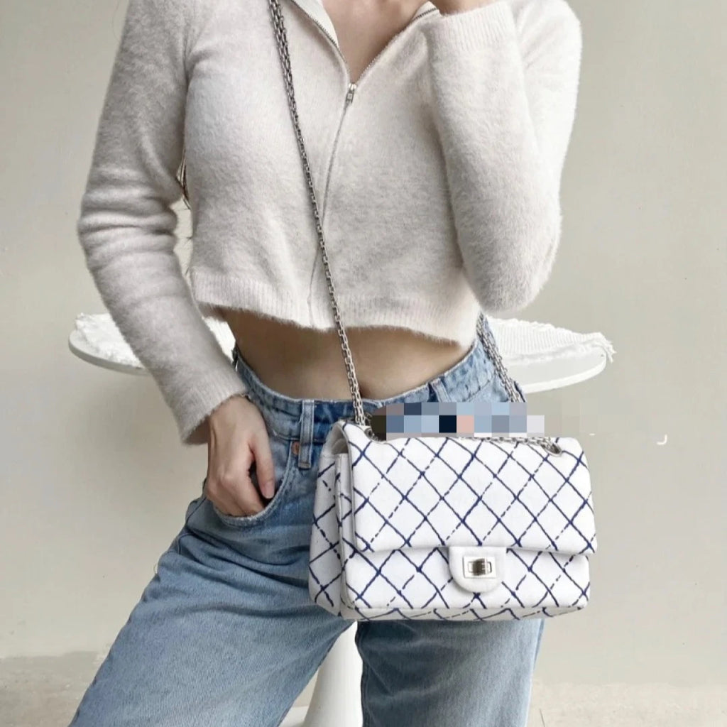 Chanel Denim Chain Diamond Shoulder Crossbody Bag White Silver Women S