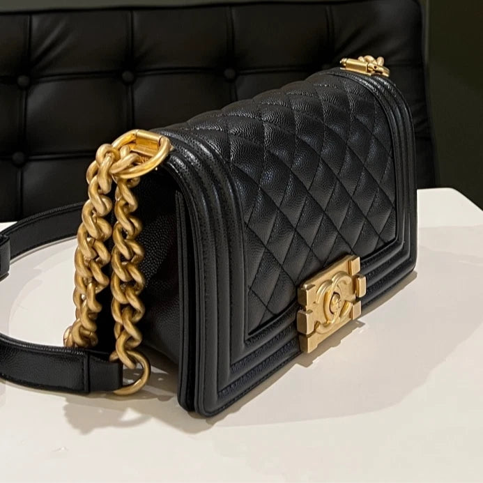Auth Chanel Le Boy Small Black Caviar Leather Crossbody Bag