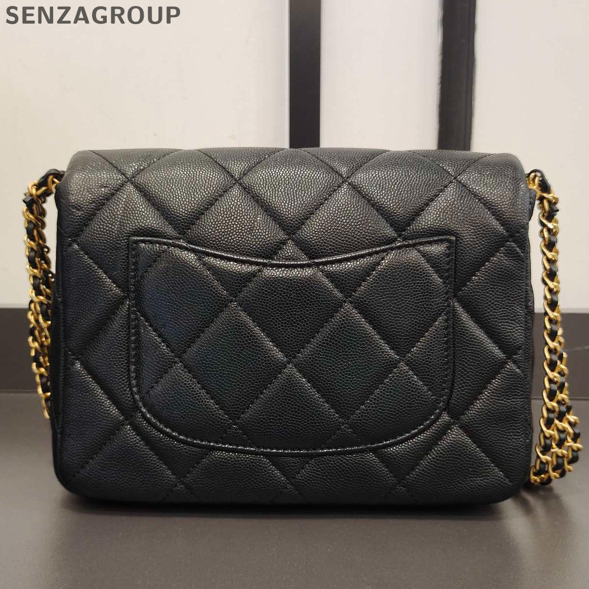 Chanel Classic Flap Square Mini Calfskin Chain Shoulder Bag Black Gold