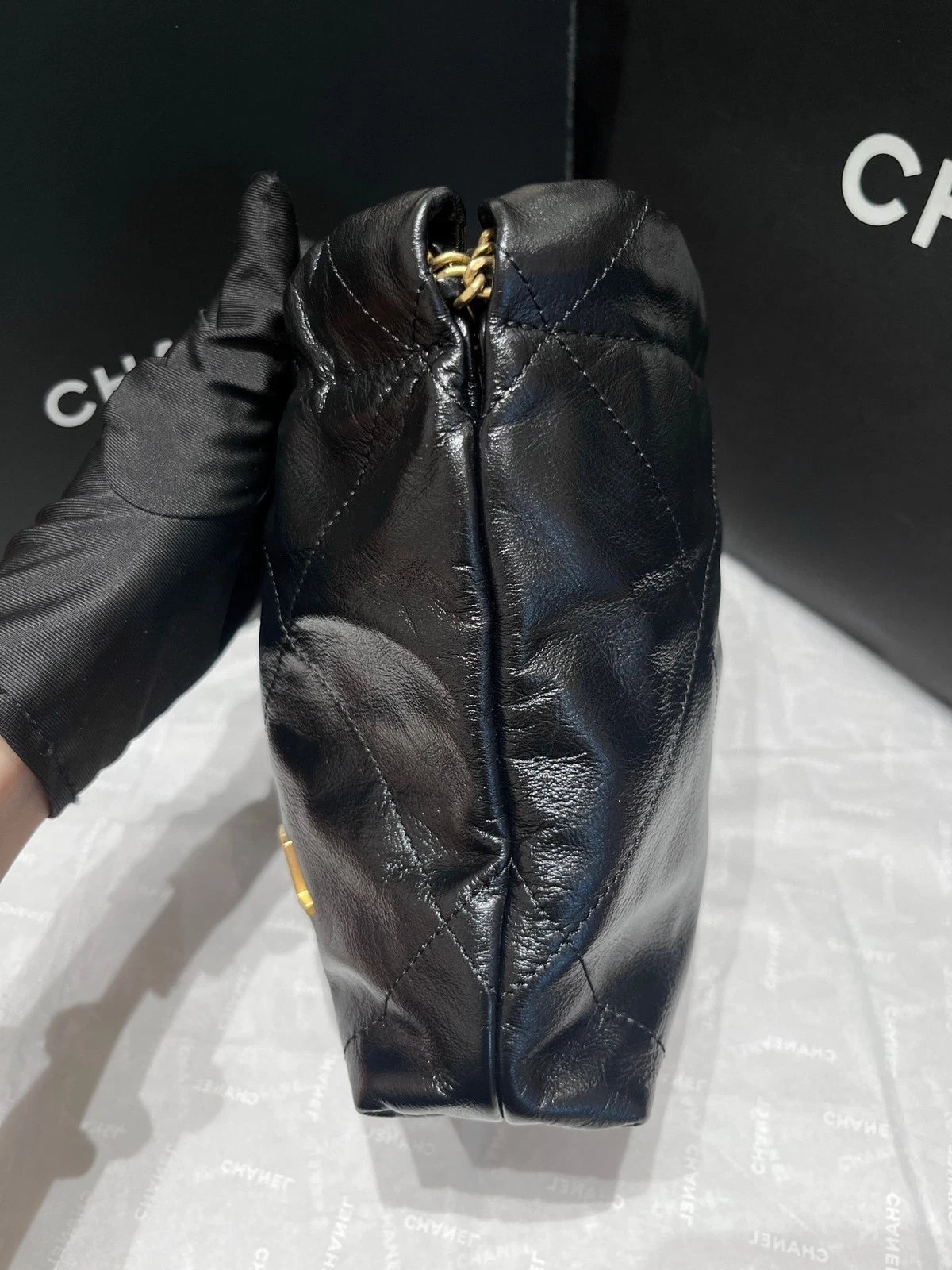 CHANEL Black Gold Calfskin 22 Shoulder Bag For Women