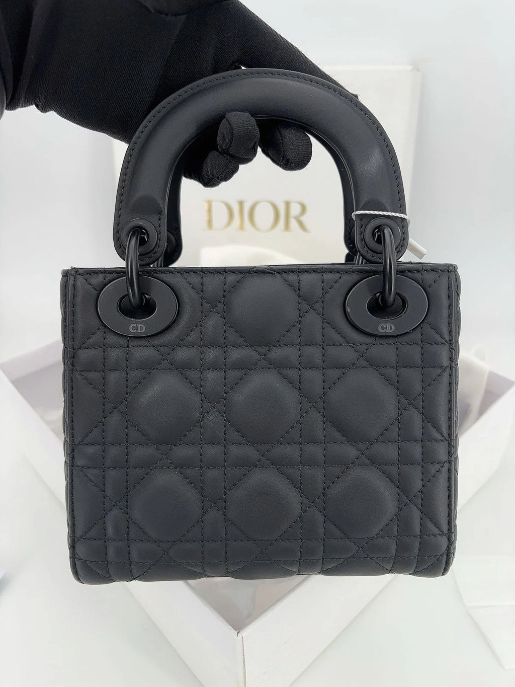 Dior Matte Black Leather 3-Grid Lady Dior Handbag For Women