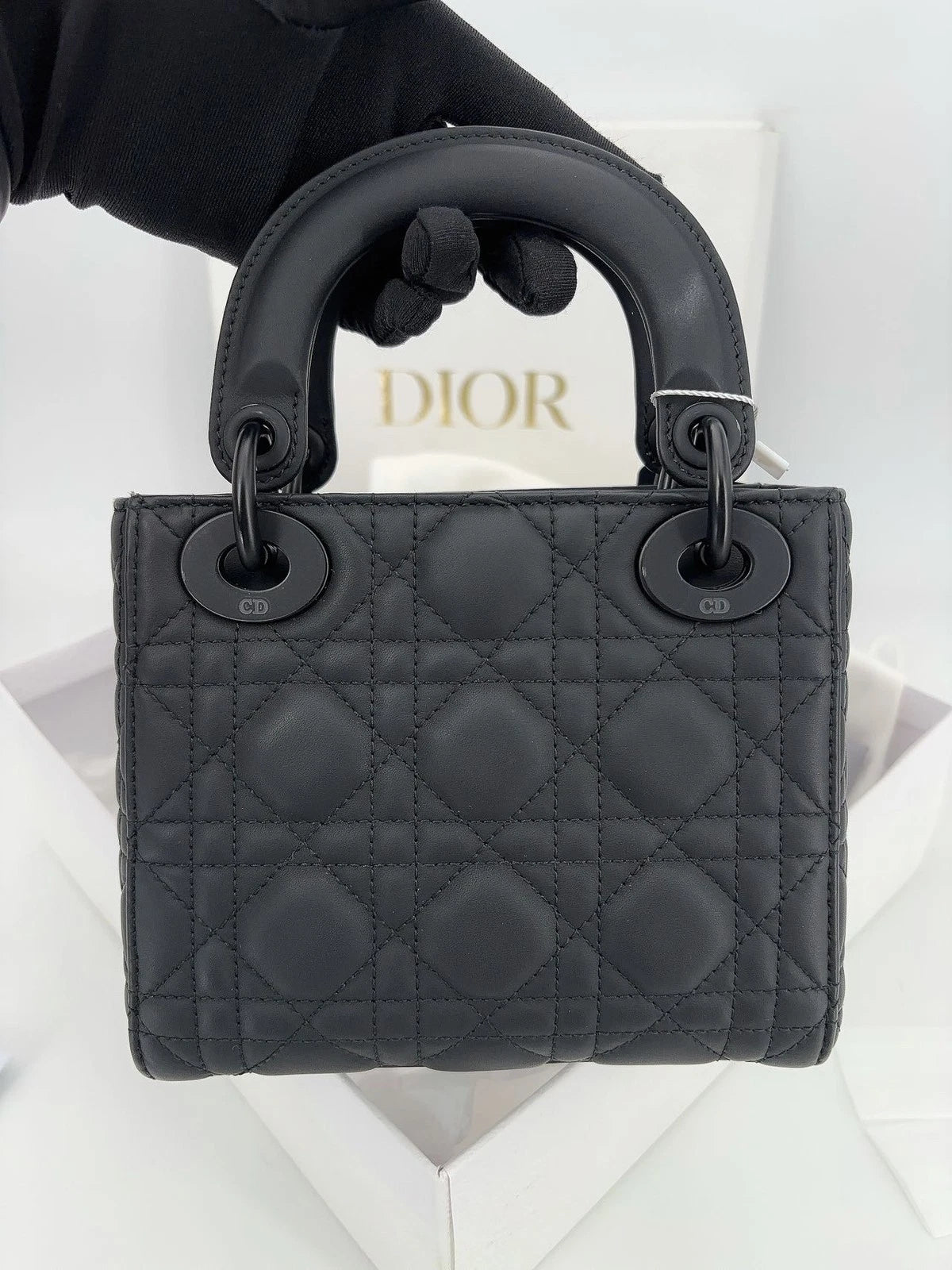 Dior Matte Black Leather 3-Grid Lady Dior Handbag For Women